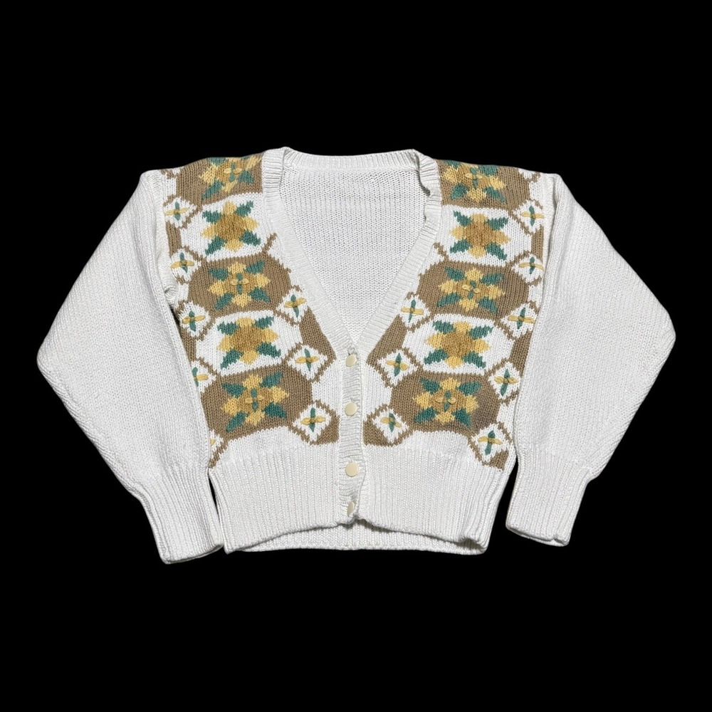 Vintage 90s Hand Knit Cotton Patterned Cardigan Sweater Women's XS